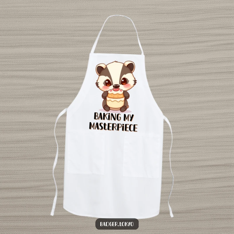 Funny Apron: A badger with curious eyes balances a small cake, ready to assist in baking.