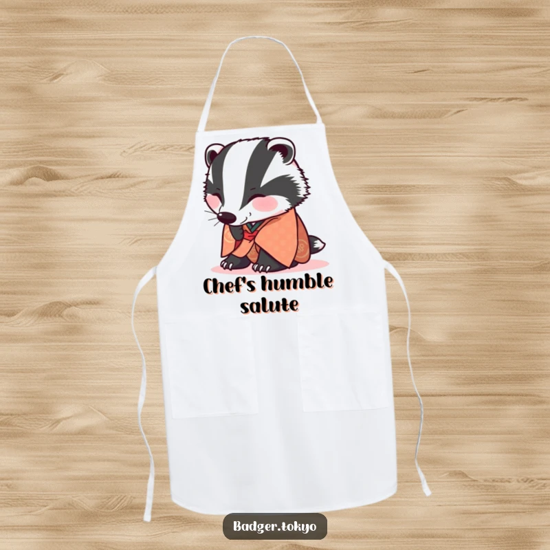 Funny Apron: A badger in a patterned kimono bows low, ready to assist in the kitchen politely.