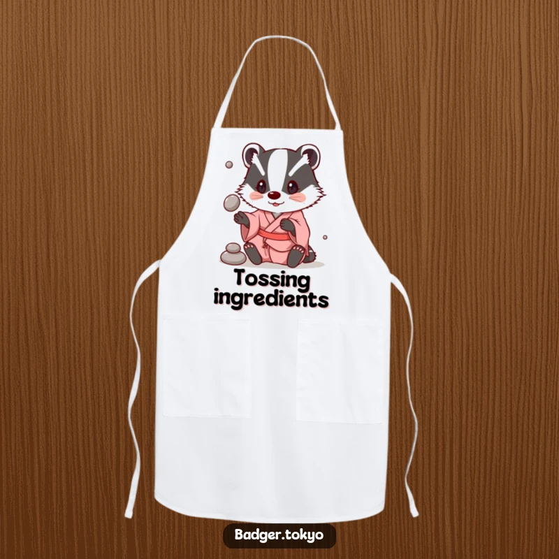 Funny Apron: A badger in a simple kimono juggles stones, ready to assist in the kitchen playfully.