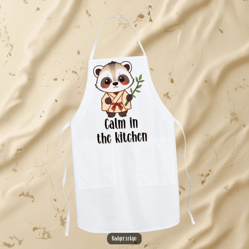 Funny Kawaii badger in a simple kimono holding a single bamboo stalk, a humorous and practical kitchen apron.