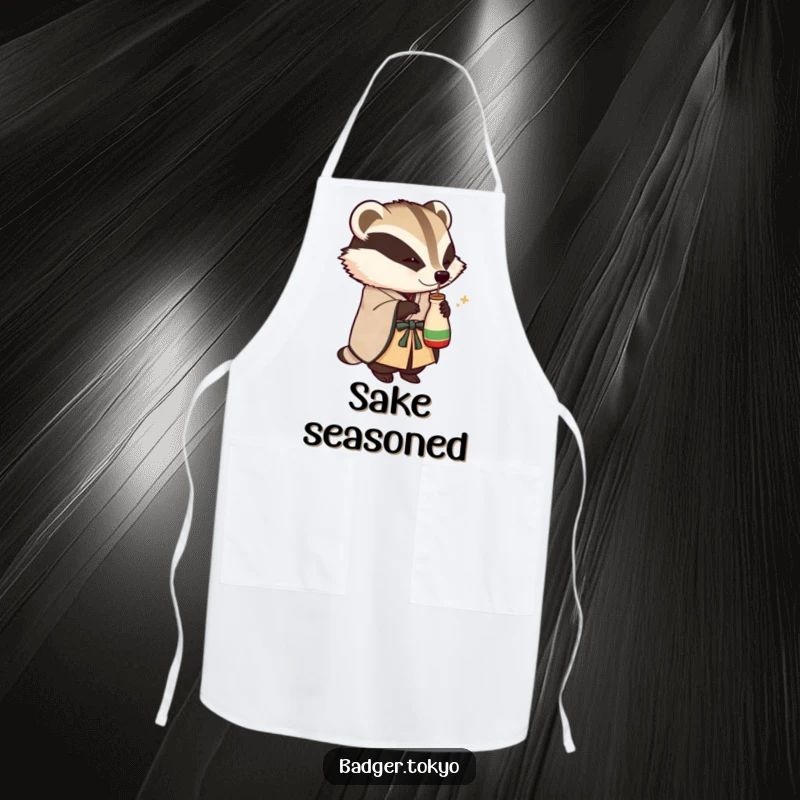 Funny kitchen apron with a badger in an ornate kimono playfully tipping a small sake flask, adding humorous festivity to cooking.