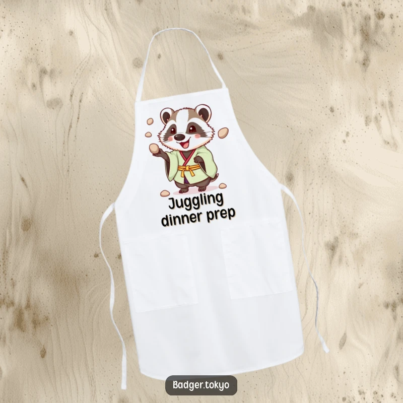Funny Juggling Badger Kimono Apron, badger enthusiastically juggling pebbles, cheerful, kitchen accessory, playful, perfect funny gift.