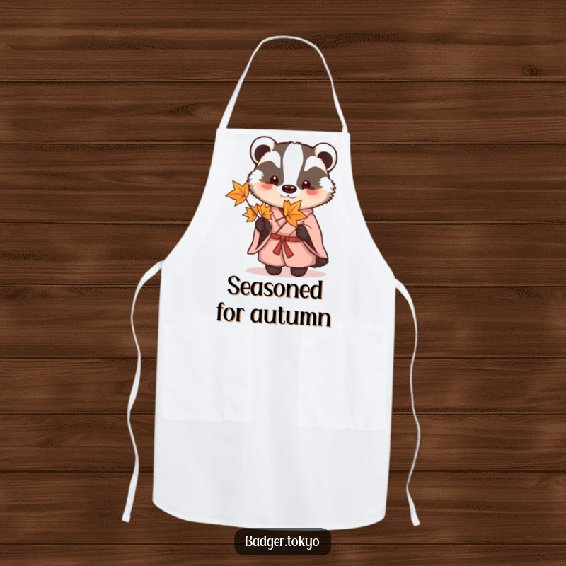 Funny Apron: A badger in a kimono holds a maple leaf, ready to assist in the kitchen with a smile.