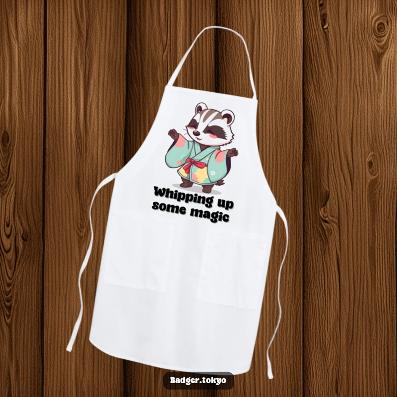 Funny Kawaii badger in a vibrant kimono performing a gentle sweeping motion, a humorous and practical apron.