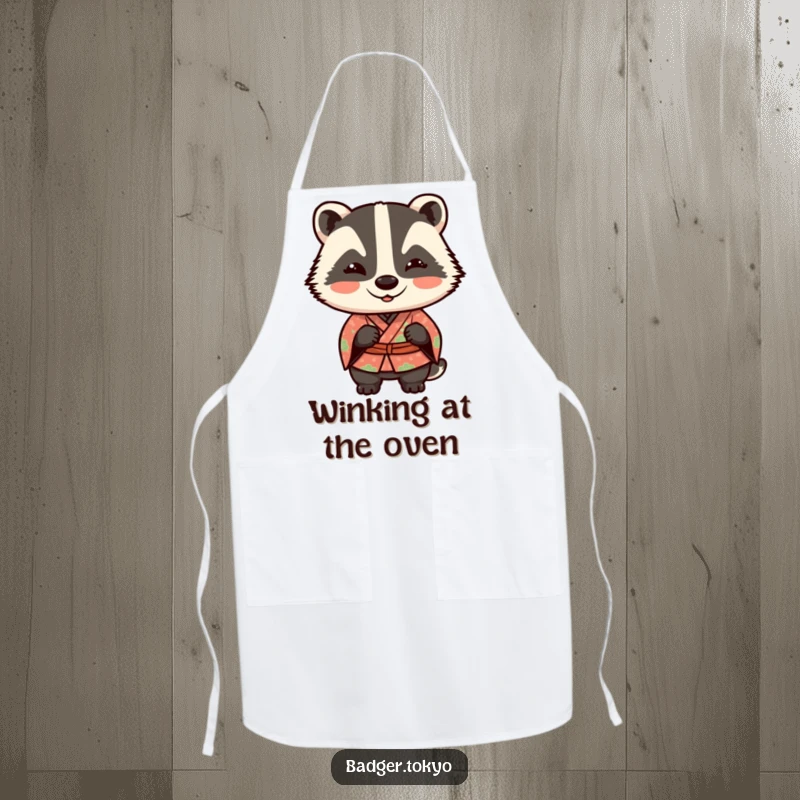 Funny Kawaii badger in a patterned kimono giving a playful wink, a humorous and practical kitchen apron.