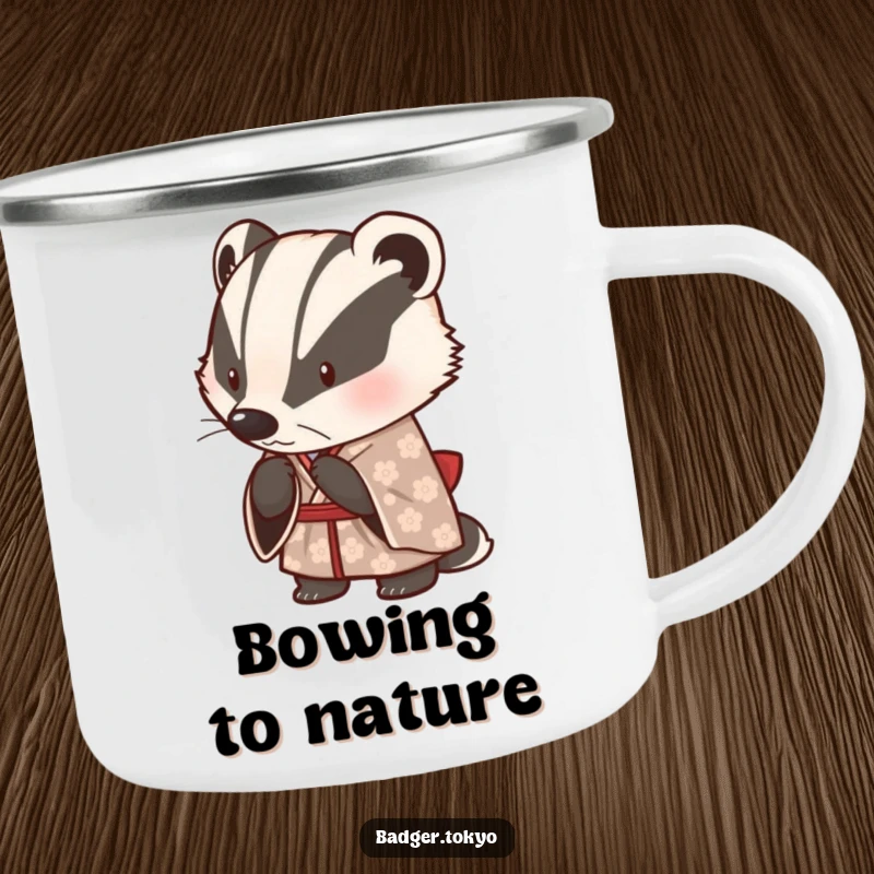 Funny enamel camping mug with a cute badger in a patterned kimono, bowing politely, designed for outdoor humor and durability.