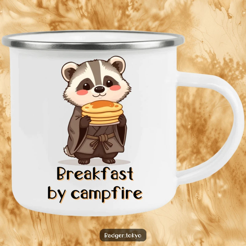 Funny Kawaii badger in a rustic kimono proudly balancing a stack of pancakes, a humorous and sturdy camping mug.