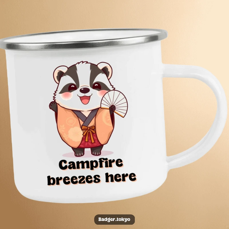 Funny Camping Mug: A vibrant kimono-clad badger cheerfully holds a fan, ready for outdoor fun.