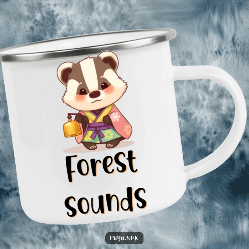Funny enamel camping mug with a badger in a colorful kimono looking curiously at a tiny bell, designed for outdoor curiosity and humor.