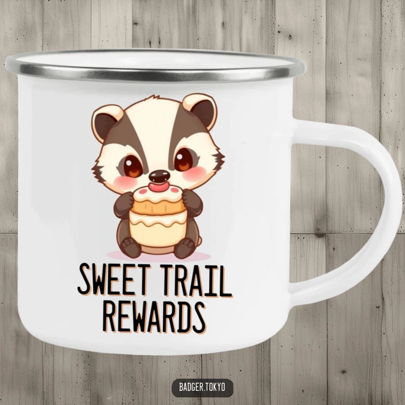 Funny Camping Mug: A badger with curious eyes balances a small cake, ready for outdoor enjoyment.