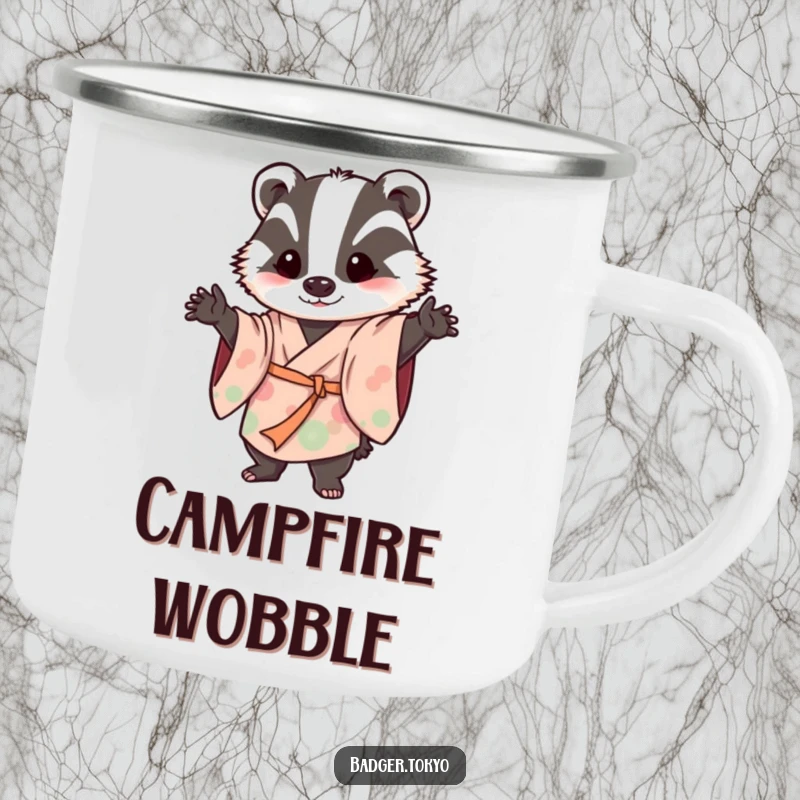 Funny enamel camping mug with a badger in a flowing kimono striking a playful, wobbly pose, designed for outdoor humor and fun.