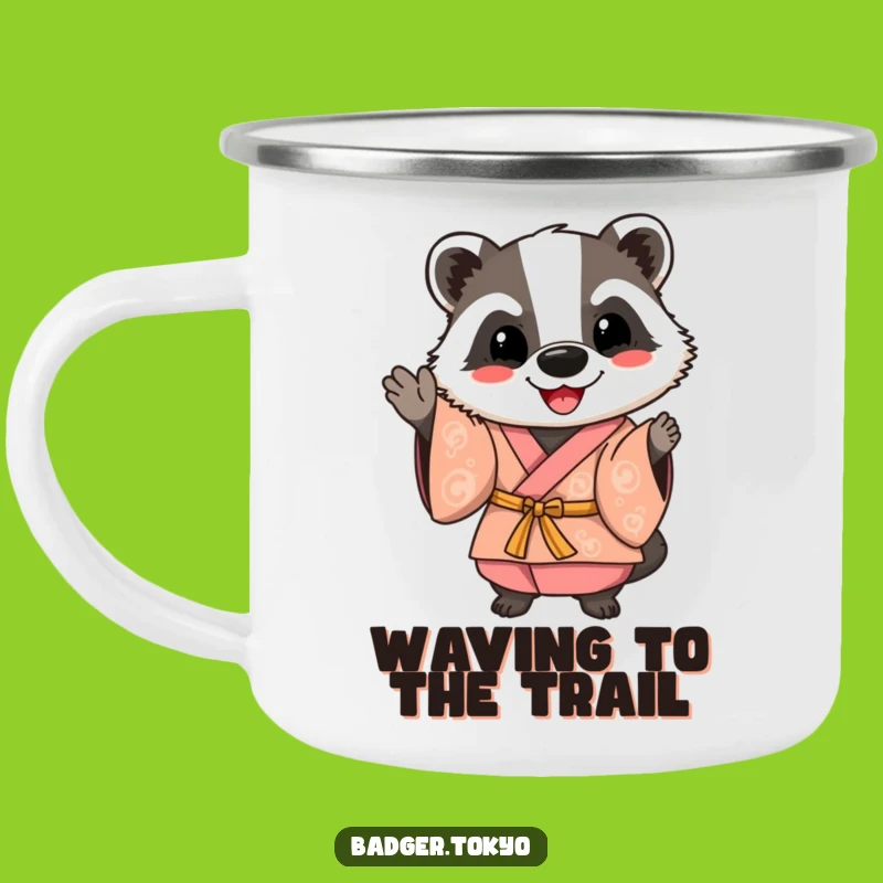 Funny Happy Badger Kimono Camping Mug: Friendly Adventures, Cheerful Outdoors, Funny Gift
