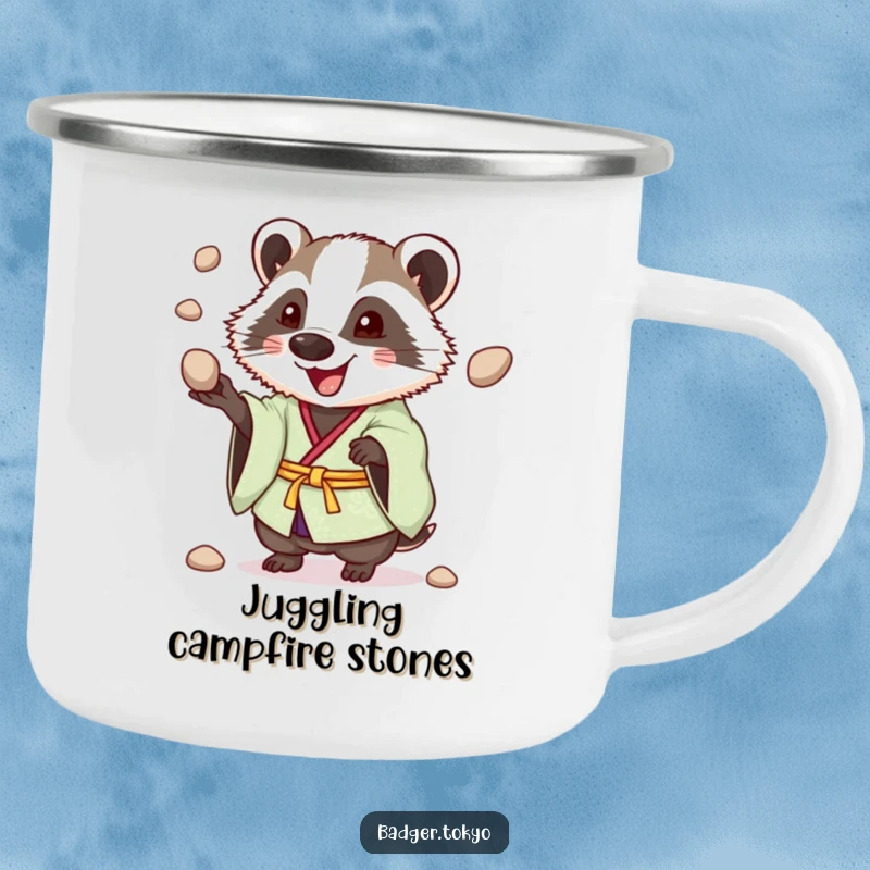 Funny Juggling Badger Kimono Camping Mug, badger enthusiastically juggling pebbles, cheerful, outdoor, durable, perfect funny gift.
