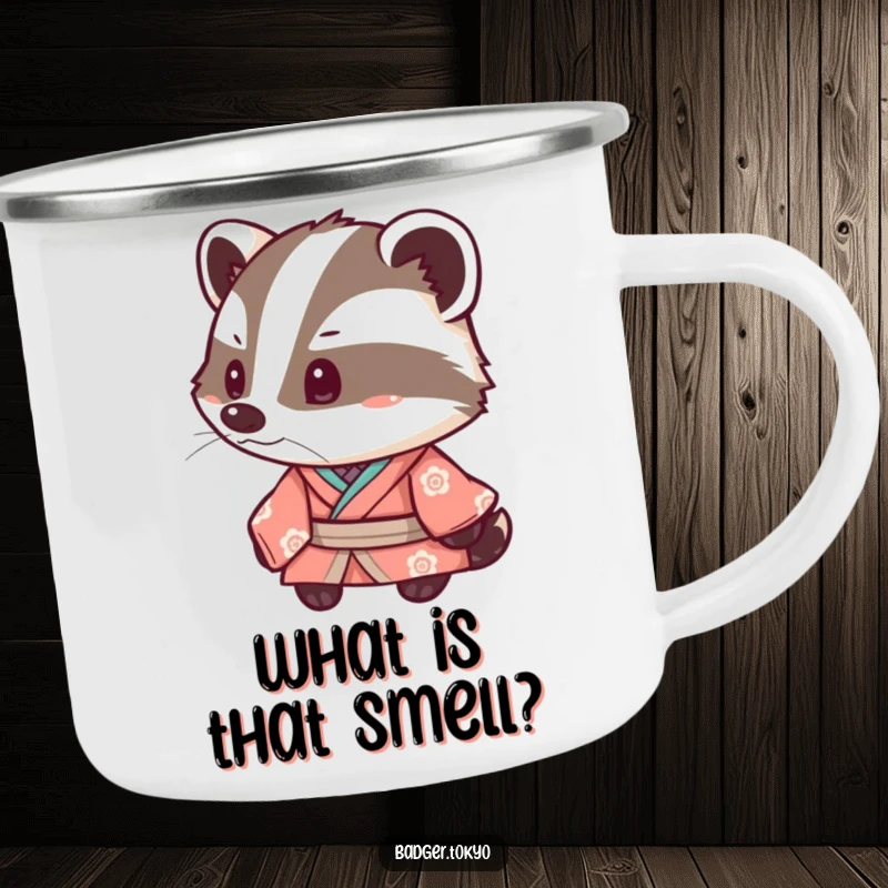 Funny Kawaii Badger Kimono Camping Mug, badger tipping head inquisitively, cute, outdoor, durable, perfect funny gift.
