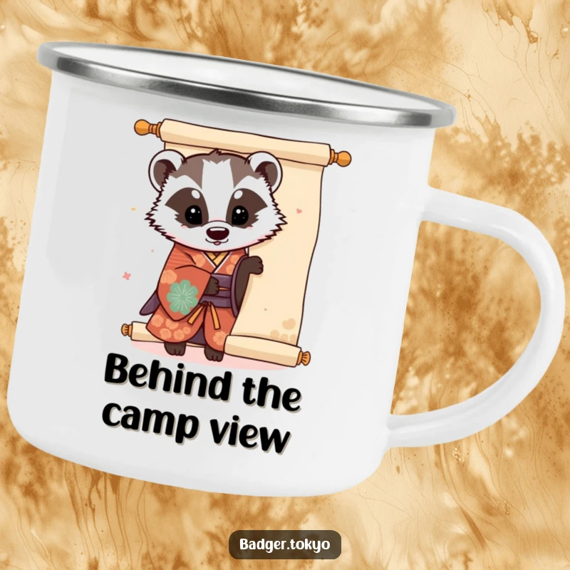 Funny Kawaii badger in a colorful kimono playfully peeking from behind a large scroll, a humorous and sturdy camping mug.