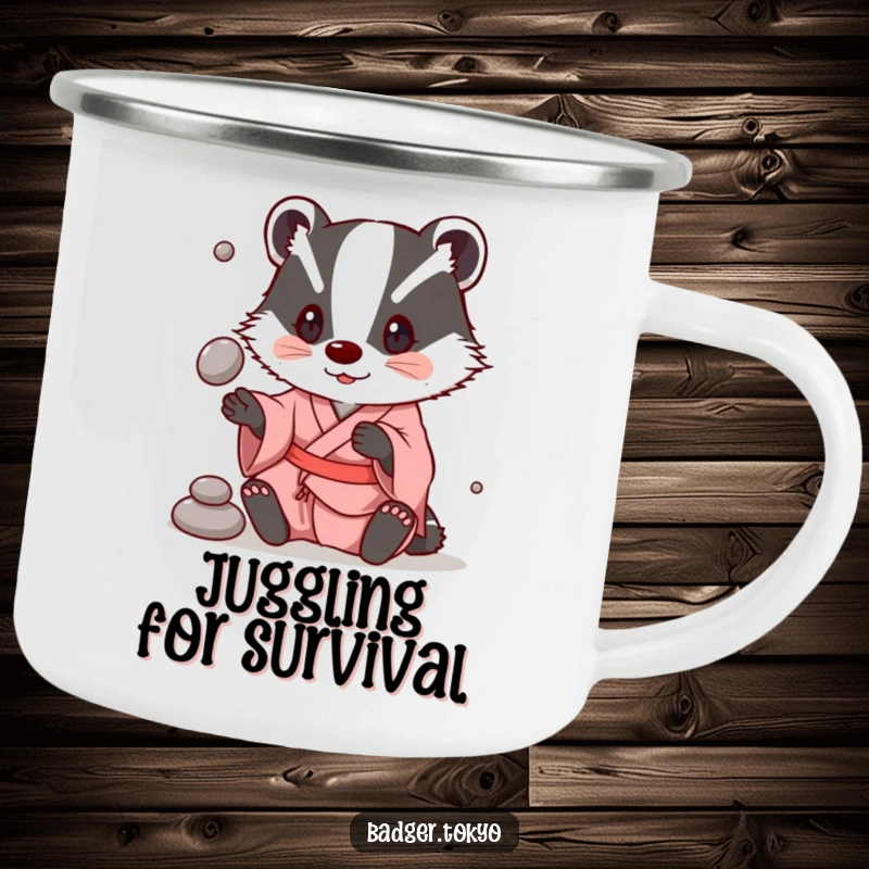 Funny Camping Mug: A badger in a simple kimono juggles stones, ready for outdoor fun.