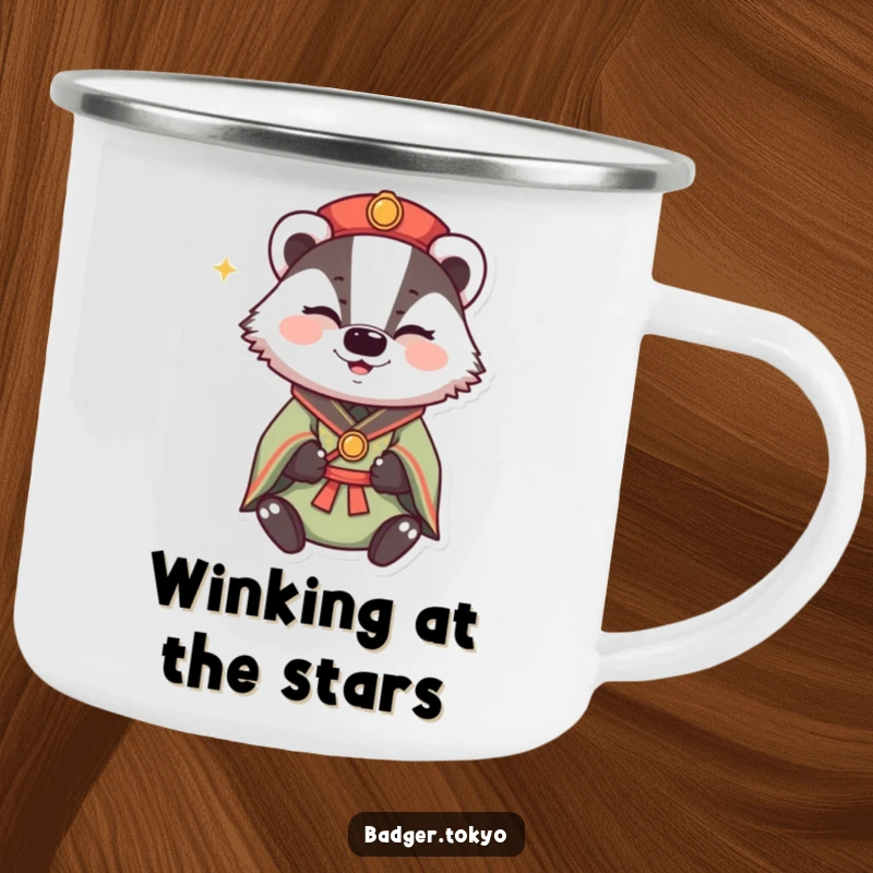 Funny Winking Badger Kimono Camping Mug, badger winking with happy sparkle, mischievous, outdoor, durable, perfect funny gift.