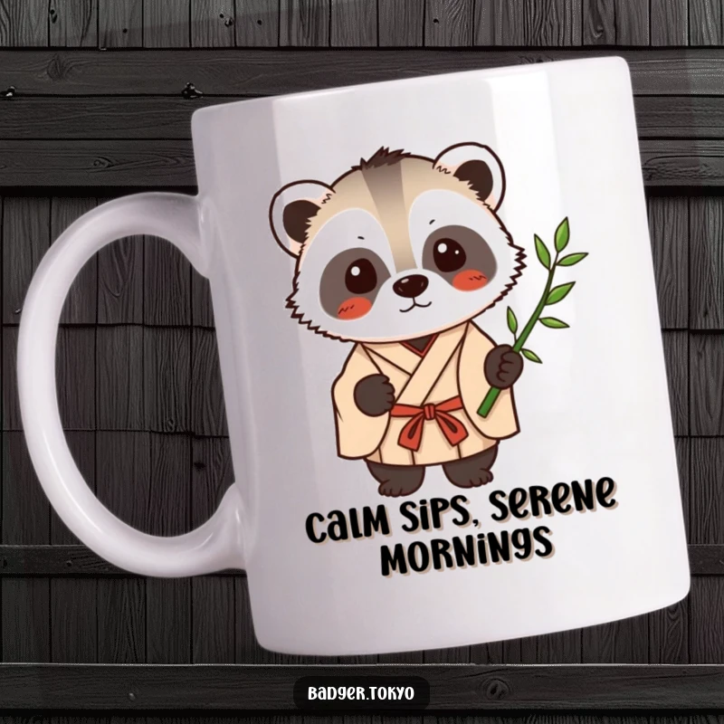 Funny Kawaii badger in a simple kimono calmly holding a single bamboo stalk, radiating peacefulness.