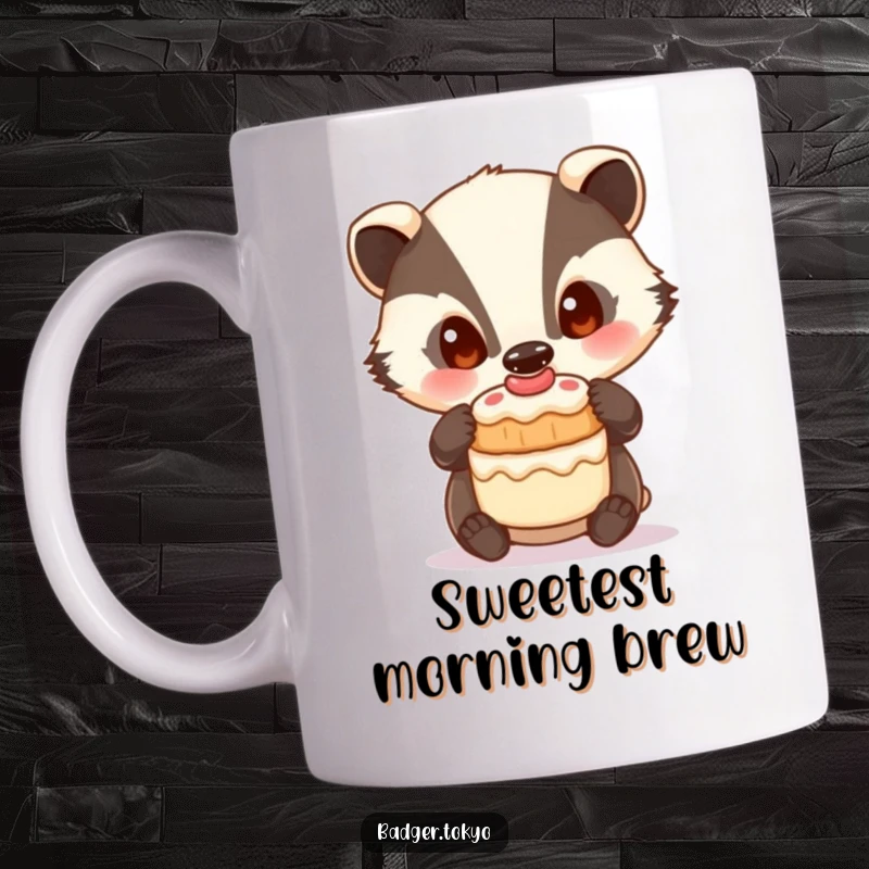 Funny Mug: A badger with wide, curious eyes precariously balances a small, decorated cake on its nose.