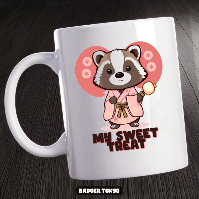 Funny mug showing a badger in a beautiful kimono holding a delicate dango skewer, celebrating sweet treats and Japanese culture.