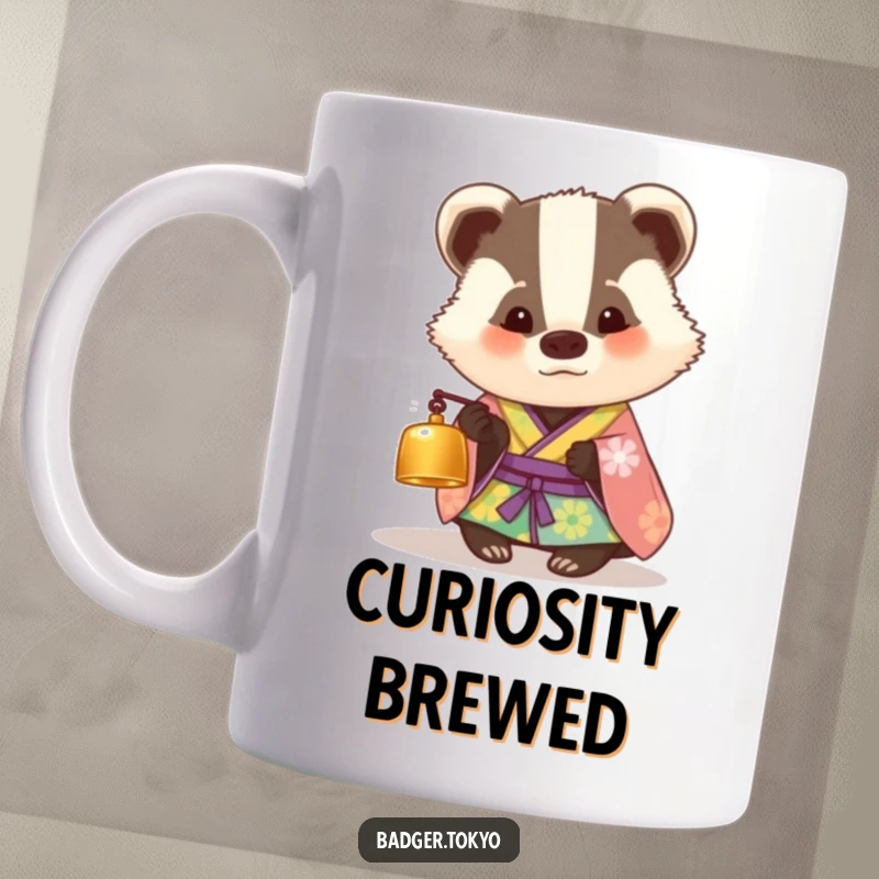 Funny mug showing a badger in a colorful kimono looking curiously at a tiny bell, conveying humor and a sense of childlike wonder.