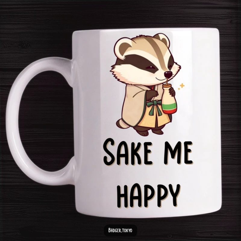 Funny mug with a badger in an ornate kimono playfully tipping a small sake flask, conveying a humorous and celebratory spirit.