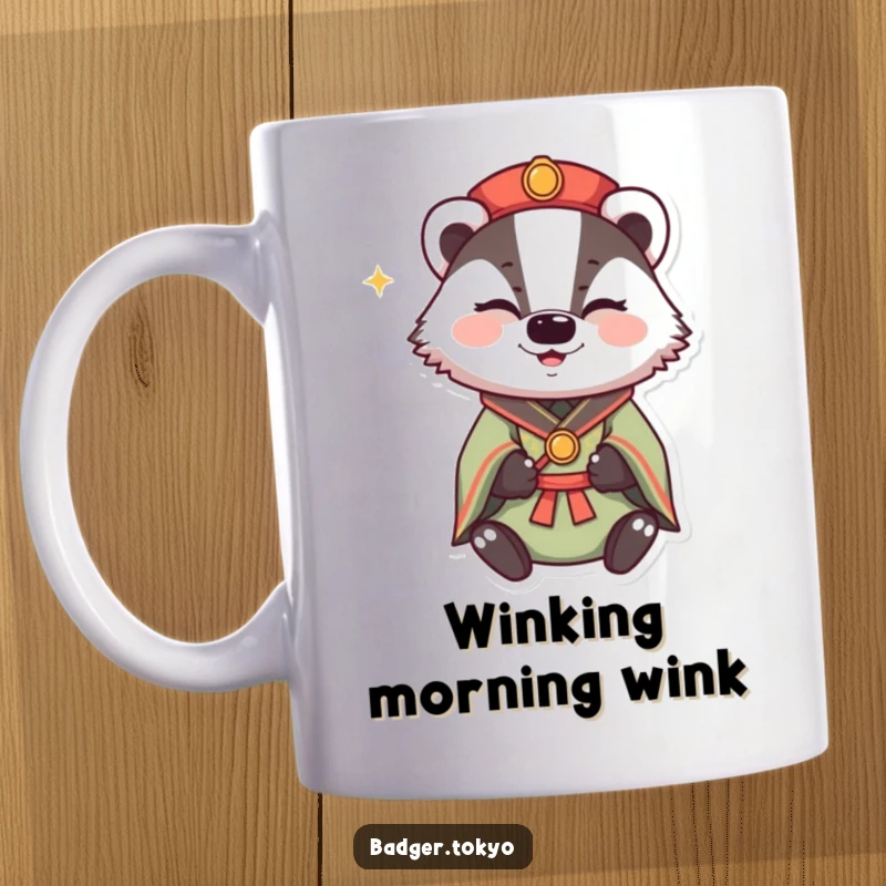 Funny Winking Badger Kimono Mug, badger winking with happy sparkle, mischievous, charming, playful, perfect funny gift.