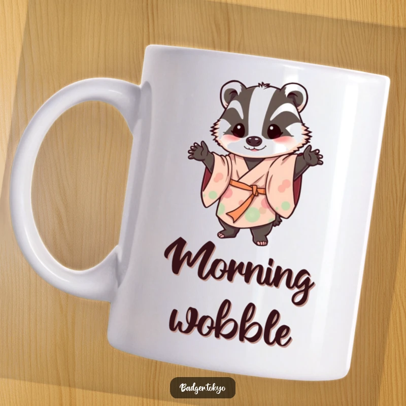 Funny mug with a badger in a flowing kimono striking a playful, wobbly pose, conveying lightheartedness and humorous instability.