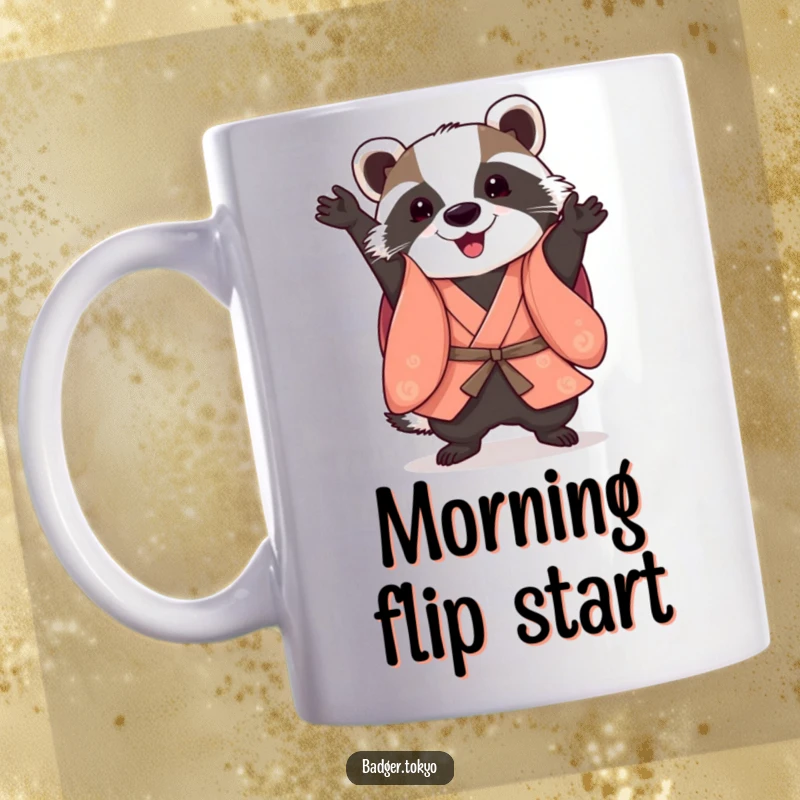 Funny Somersault Badger Kimono Mug, badger performing playful somersault, agile, fun, dynamic, perfect funny gift.