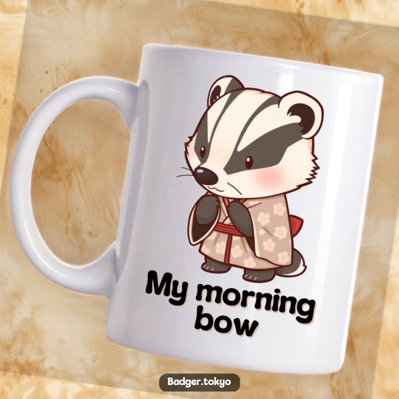 Funny mug featuring a cute badger in a patterned kimono, bowing politely and conveying a sense of respect and humor.