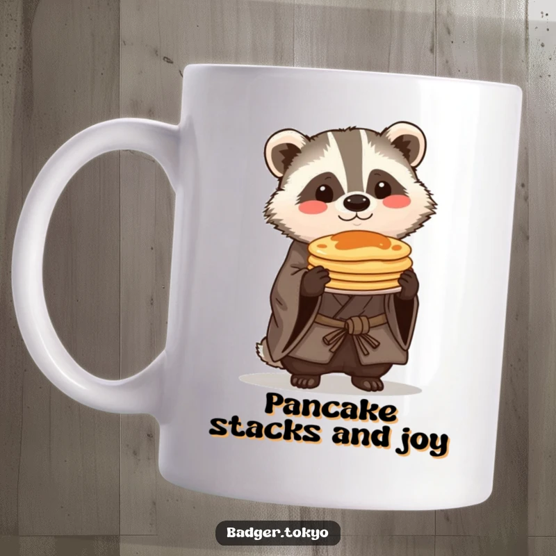 Funny Kawaii badger in a rustic kimono proudly balancing a small stack of pancakes, looking adorable and accomplished.