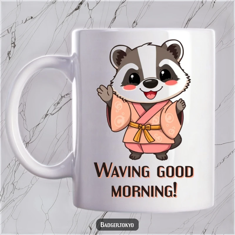 Funny Happy Badger Kimono Mug, badger waving friendly, cheerful, colorful, welcoming, perfect funny gift.
