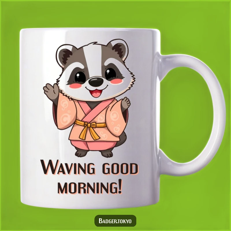 Funny Happy Badger Kimono Mug: Friendly Wave, Cheerful Greeting, Perfect Funny Gift