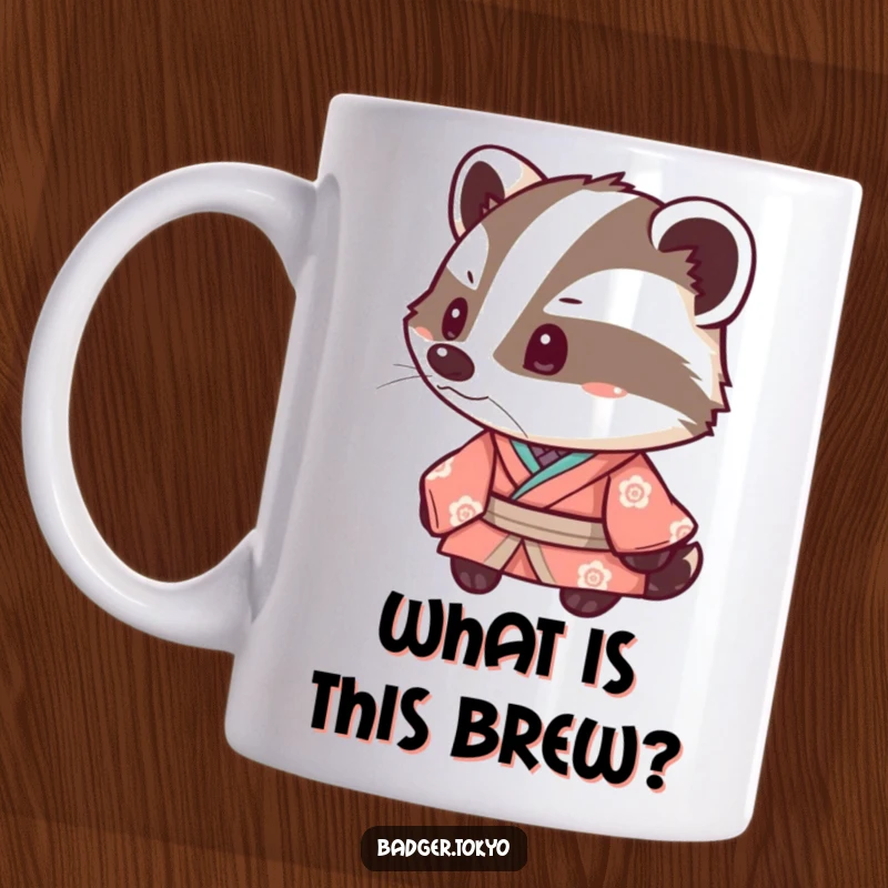 Funny Kawaii Badger Kimono Mug, tilting head inquisitively, cute, curious, whimsical, perfect funny gift.