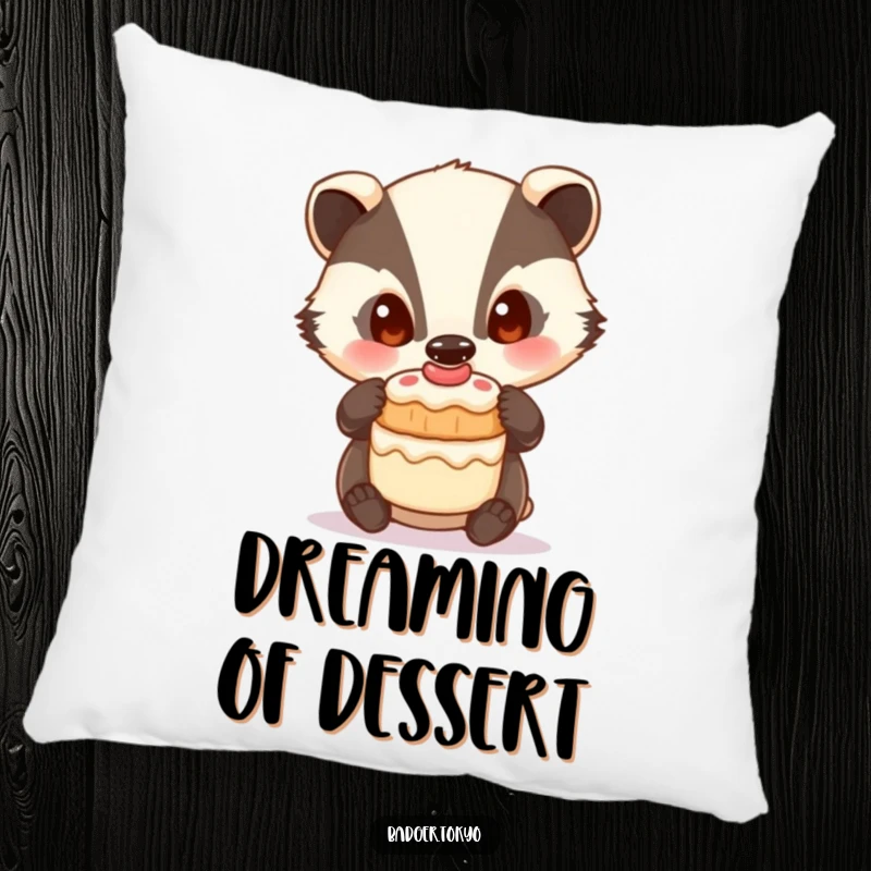 Funny Pillow: A badger with curious eyes balances a small cake, offering comfort and art.