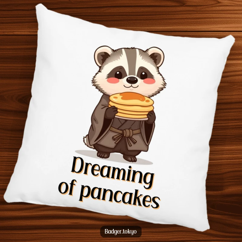 Funny Kawaii badger in a rustic kimono proudly balancing a stack of pancakes, a soft and humorous decorative pillow.