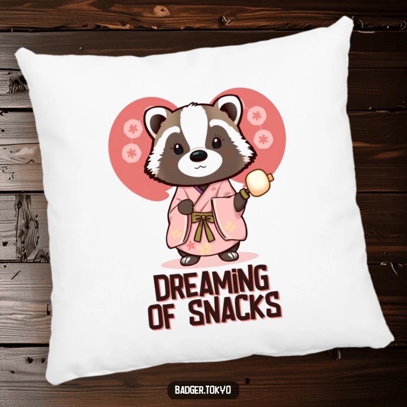 Funny decorative pillow with a badger in a beautiful kimono holding a dango skewer, offering humorous comfort and a love for treats.