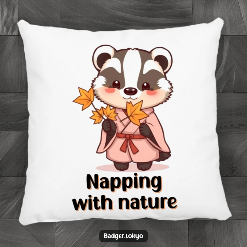 Funny Pillow: A soft badger wearing a kimono gently holds a single maple leaf, adding comfort and art.