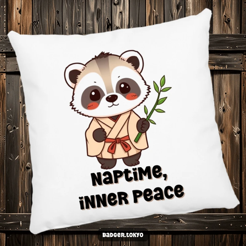 Funny Kawaii badger in a simple kimono holding a single bamboo stalk, a soft and humorous decorative pillow.