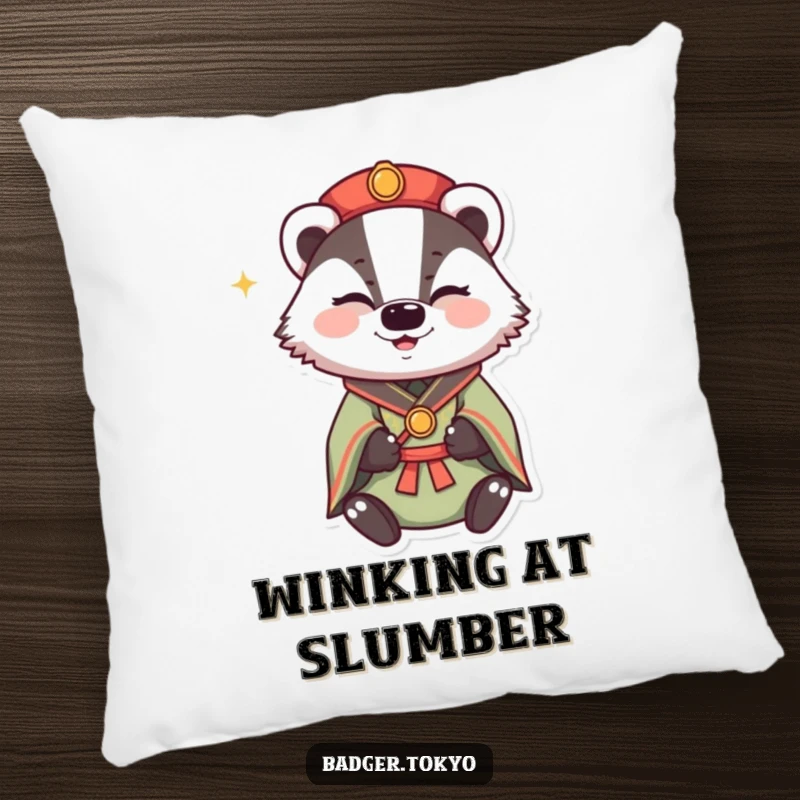 Funny Winking Badger Kimono Pillow, badger winking with happy sparkle, mischievous, comfortable, charming decor, perfect funny gift.
