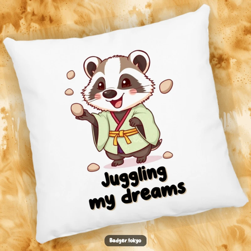 Funny Juggling Badger Kimono Pillow, badger enthusiastically juggling pebbles, cheerful, comfortable, playful decor, perfect funny gift.