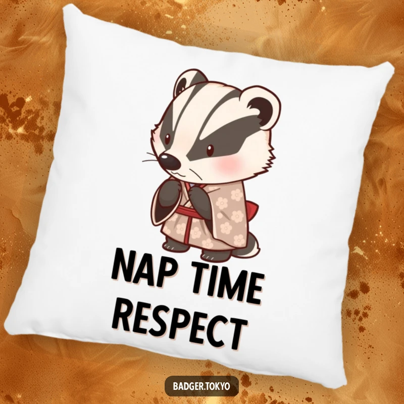 Funny decorative pillow with a cute badger in a patterned kimono, bowing politely, offering humorous comfort and style.