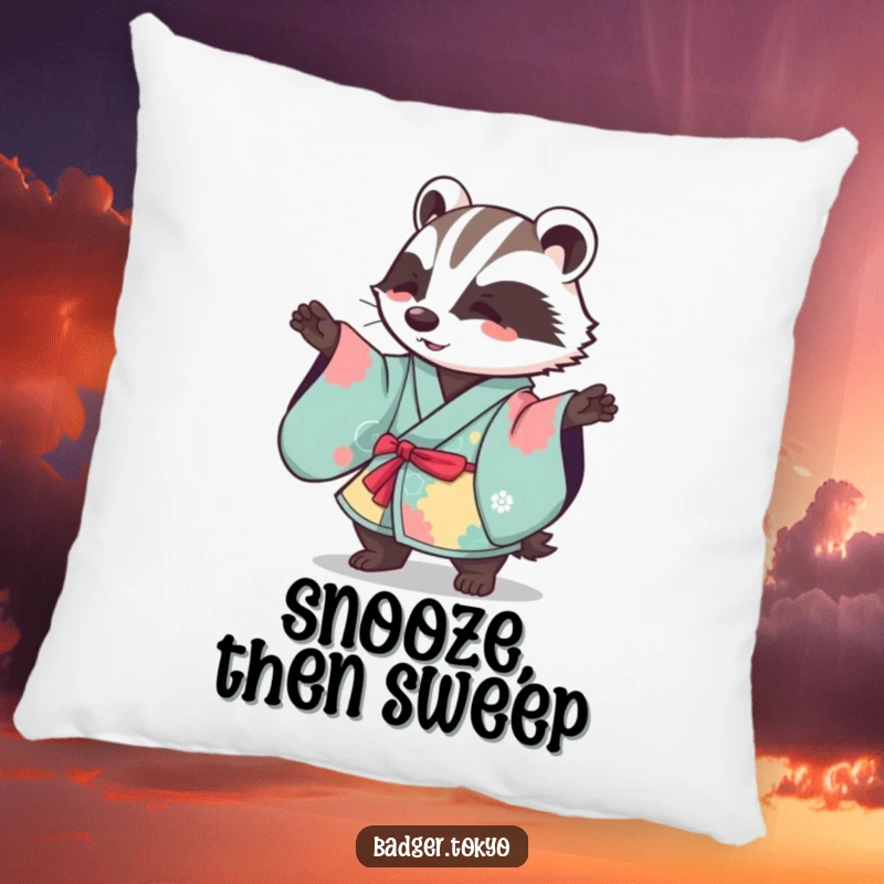 Funny Kawaii badger in a vibrant kimono performing a gentle sweeping motion, a soft and humorous decorative pillow.