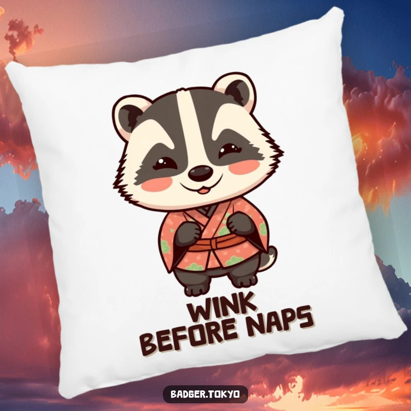 Funny Kawaii badger in a patterned kimono giving a playful wink, a soft and humorous decorative pillow.