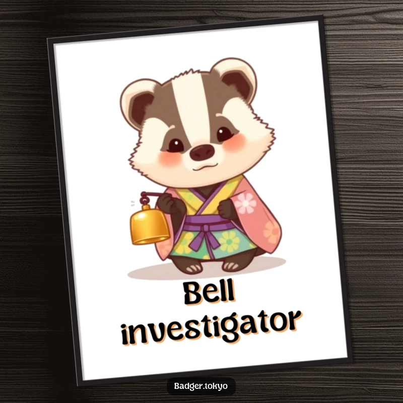 Funny digital art print of a badger in a colorful kimono looking curiously at a tiny bell, offering instant humorous and whimsical decor.