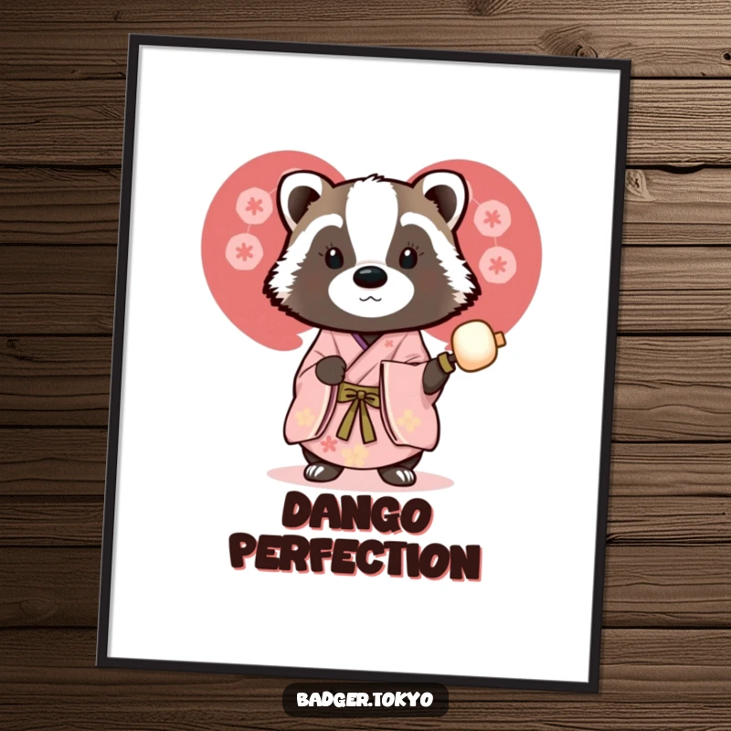 Funny digital art print of a badger in a beautiful kimono holding a dango skewer, offering instant charming and humorous decor.