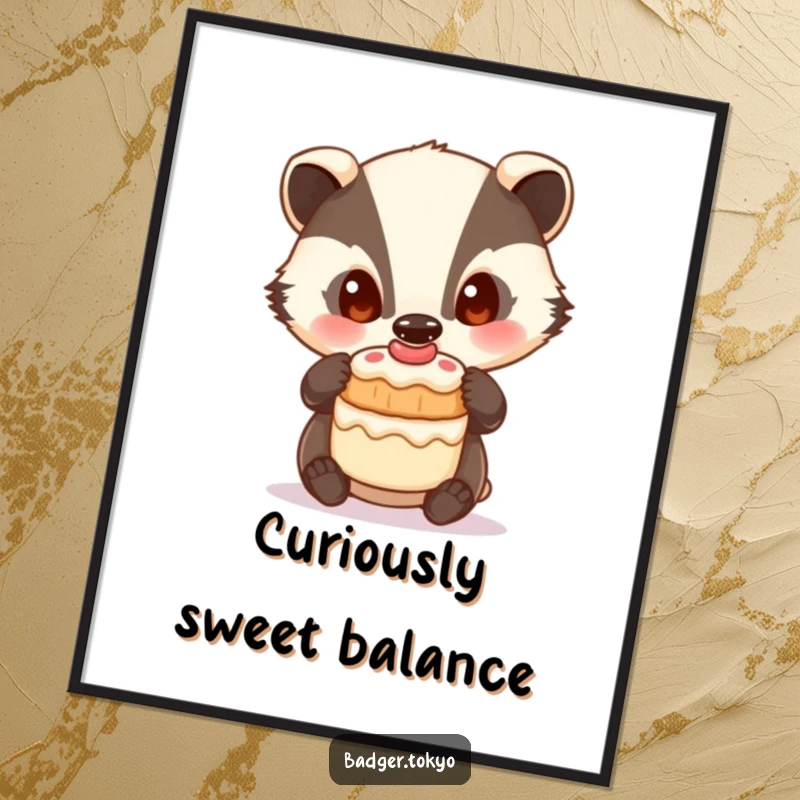 Funny Digital Art Print: A badger with curious eyes balances a small cake, ready to print.