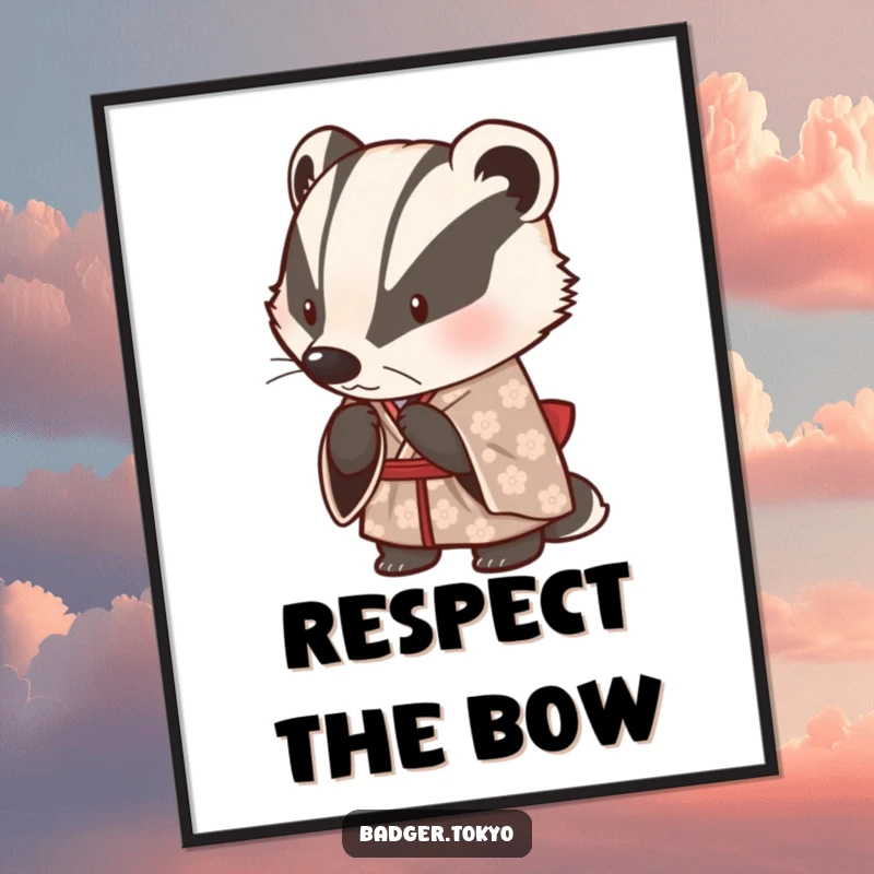 Funny digital art print of a cute badger in a patterned kimono, bowing politely, offering instant humorous and graceful decor.