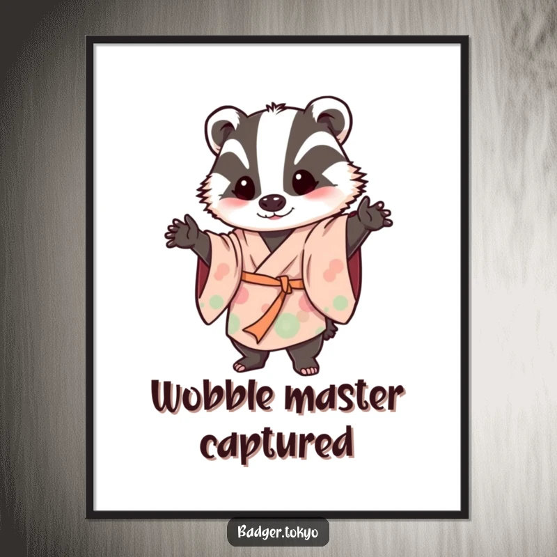 Funny digital art print of a badger in a flowing kimono striking a playful, wobbly pose, offering instant humorous and lively decor.