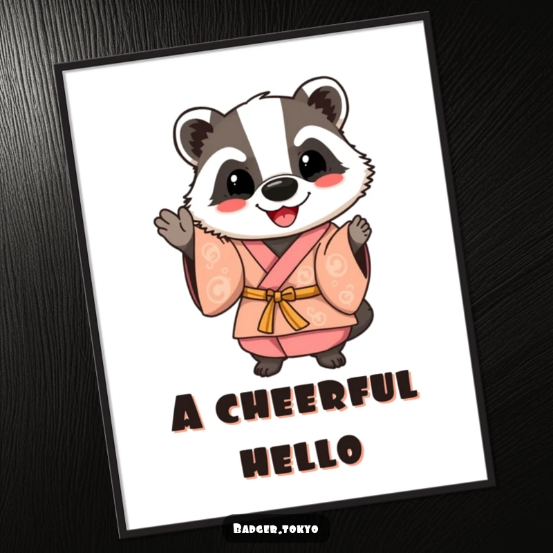 Funny Happy Badger Kimono Digital Art Print, badger waving friendly, cheerful, welcoming, instant download, perfect funny gift.